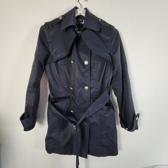 Saint James Womens Double-Breasted Belted Coat Jacket Size 8 Navy Cotton Blend